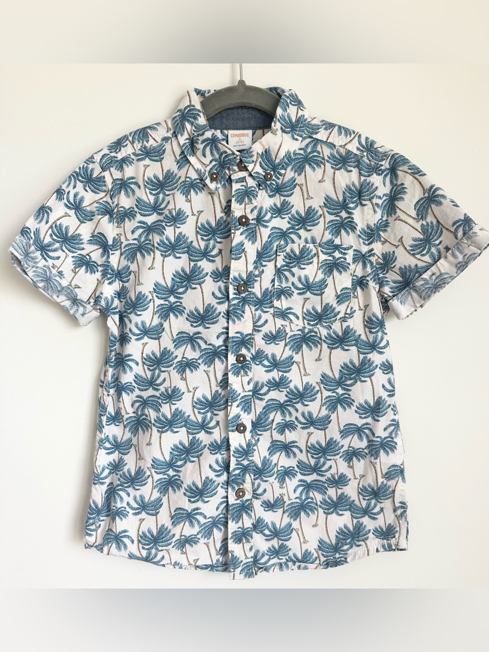 GYMBOREE Boys Blue Palm Print Short Sleeve Button Up Shirt Size S 5-6 Years